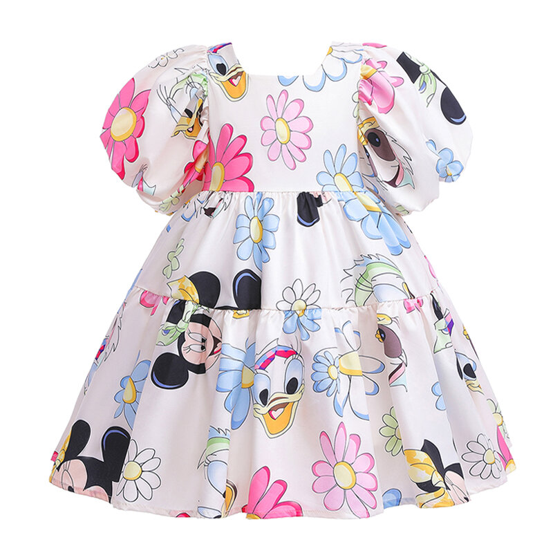 Disney-Robe à manches bouffantes pour enfants, Minnie Mouse Destroy, Andrad Cartoon, vêtements pour tout-petits, robes mignonnes dos nu