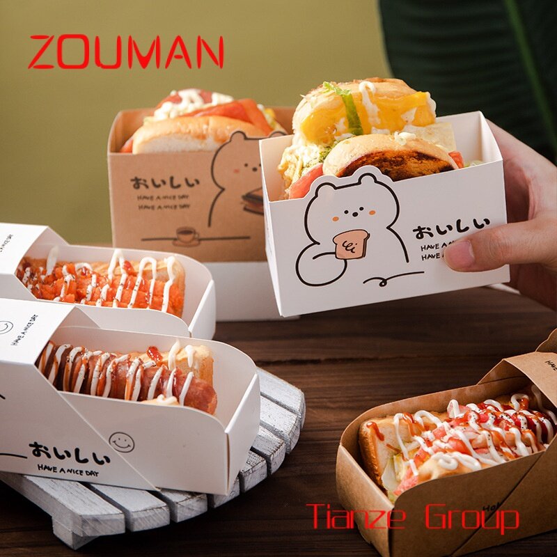 Großhandel maßge schneiderte biologisch abbaubare Kraft Brot Ei Tropfen Sandwich Hamburger Papier Box Hot Dog Schublade Cartoon Papier Lunchbox