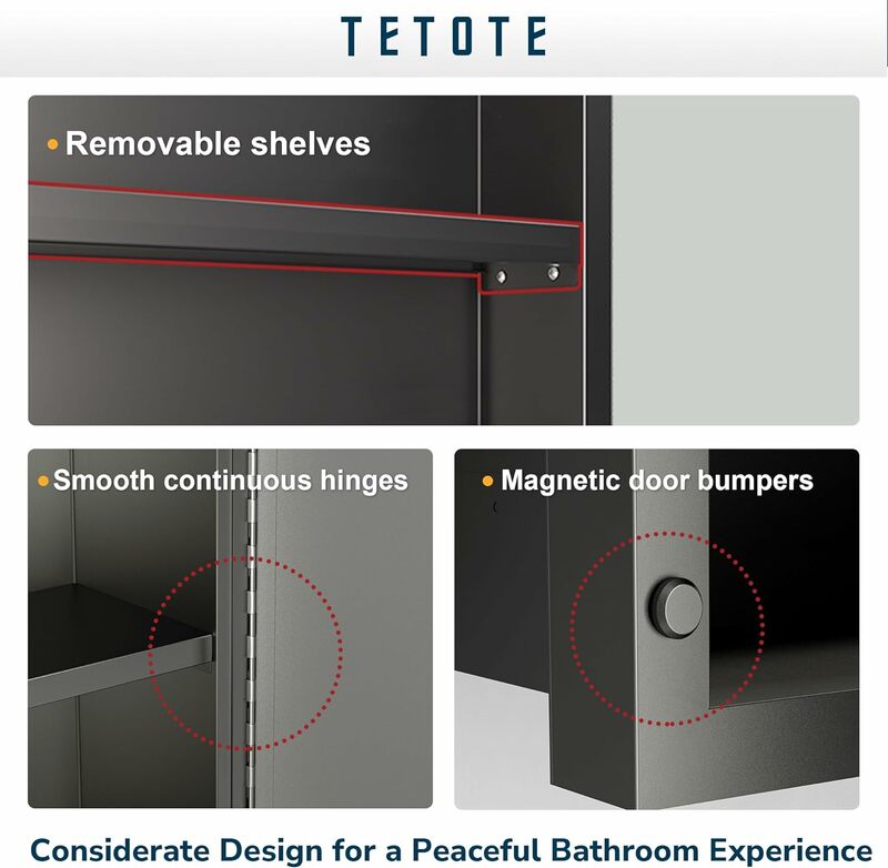 TETOTE 블랙 프레임 의학 캐비닛, 욕실 알루미늄 프레임 표면 또는 오목한 벽걸이 메디치용 거울 포함, 20x26 인치