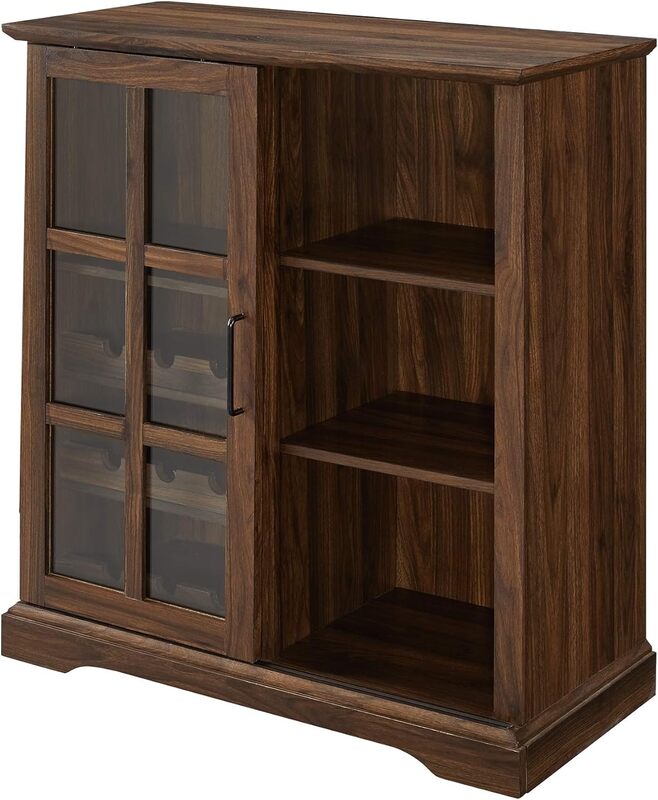 Wood Sliding Glass Door Bar Cabinet Entryway Serving Wine Storage Dining Room Console, 36 Inch, Dark Walnut
