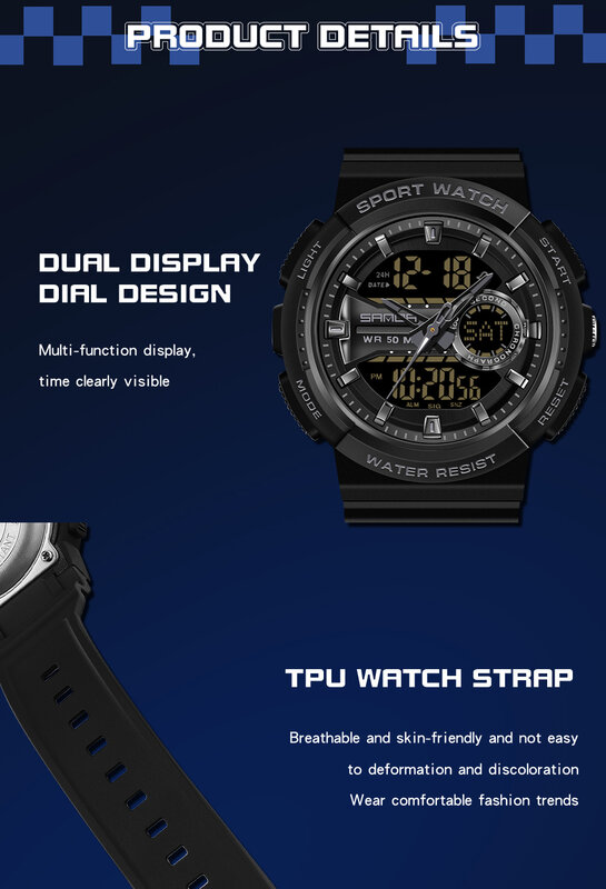 Sanda novo multi funcional dupla exibição relógios de pulso masculino display duplo relógio temporizador despertador à prova de choque relógio luminoso 6081