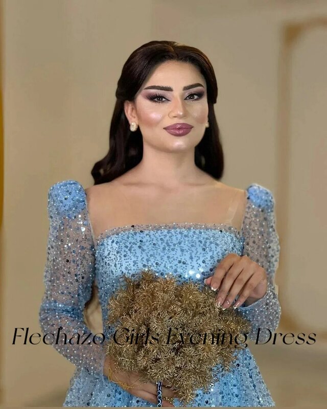 Gaun Prom biru Flechazo gaun pesta ulang tahun elegan panjang sepergelangan kaki payet leher persegi untuk wanita 2024 vestidos de noche