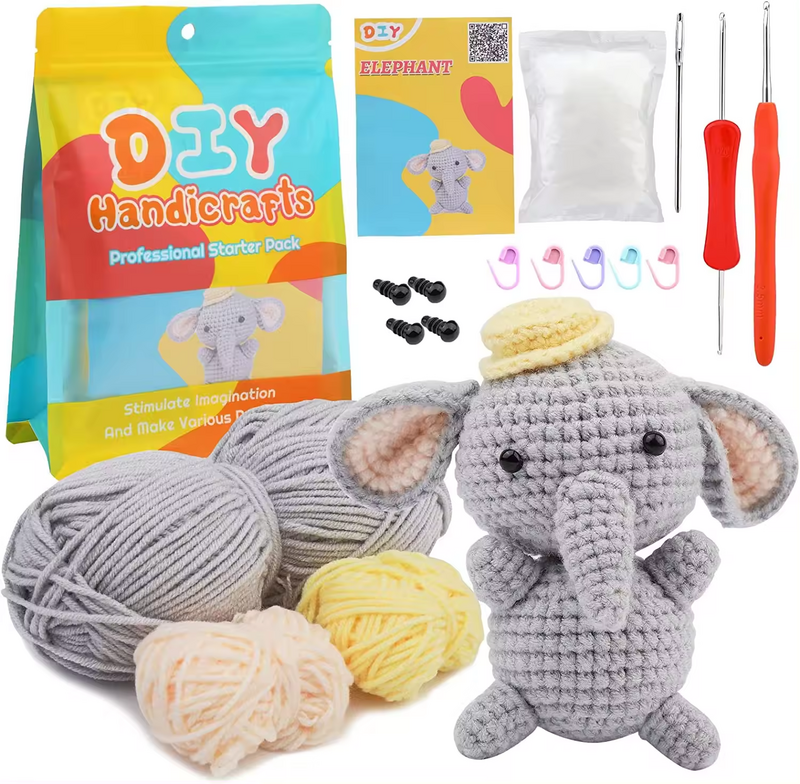 Small elephant shaped DIY handmade crochet kit with customized bag packing design for DIY crochet beginner set