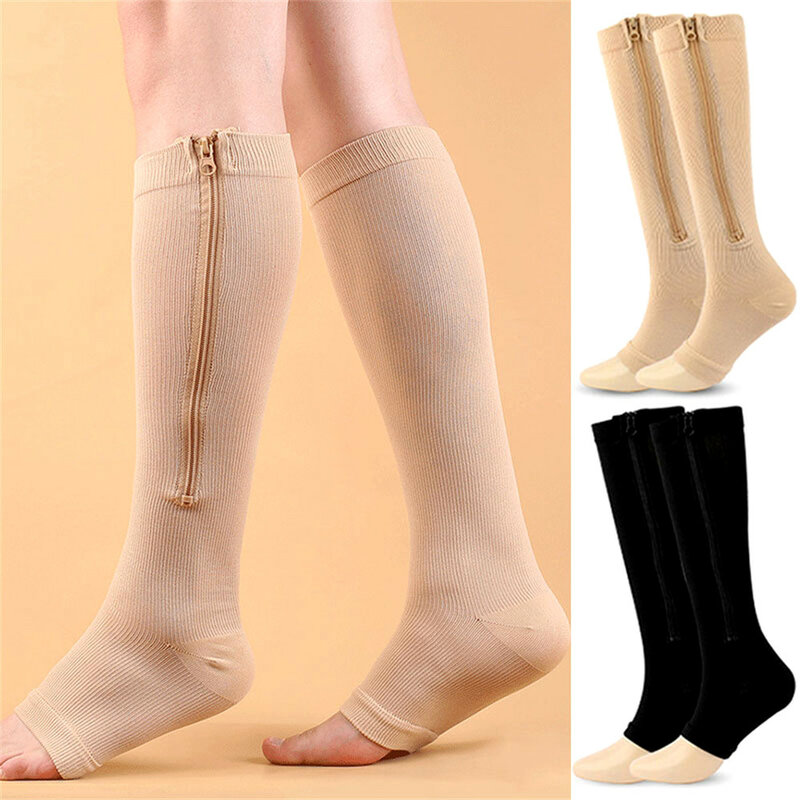 1Pair Long Compression Socks for Women's Professional Thick Leg Support Sports Pressure Zipper Solid Varicose Vein Stockings
