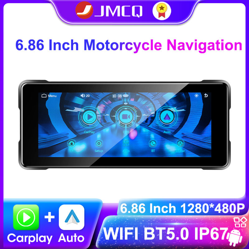 JMCQ Monitor mobil Android tanpa kabel, layar tampilan Carplay tahan air sepeda motor navigasi GPS 6.86 inci