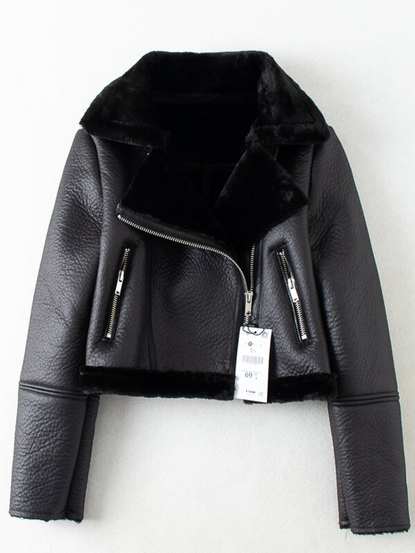 Jaqueta de couro de cordeiro, casaco curto quente, biker streetwear, jaqueta moto, marrom, novo, inverno
