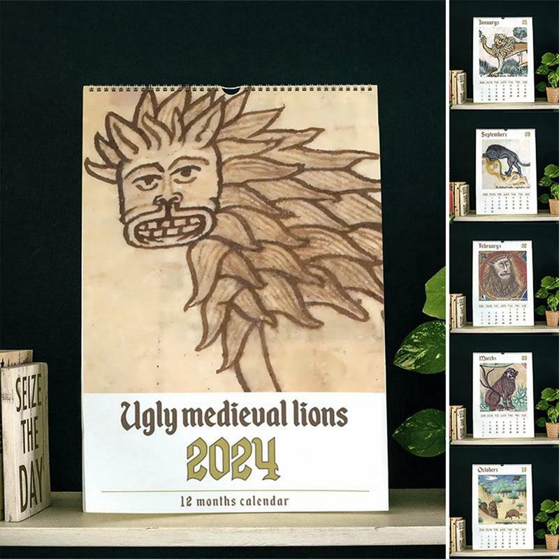 Calendario de pared de León, regalo creativo y divertido, escenas medievales extrañas, papel grueso, Animal diario, 2024