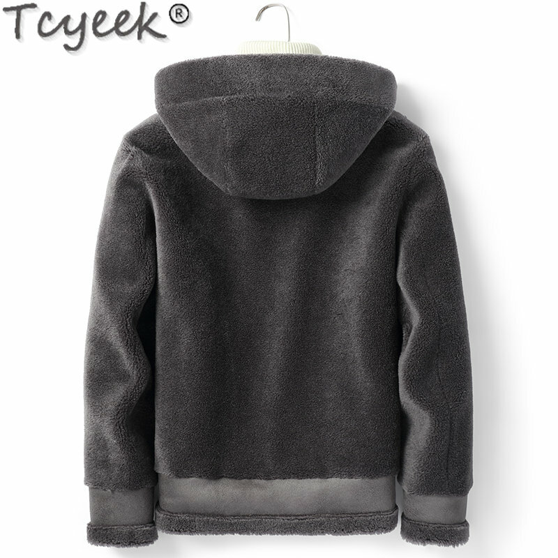 Tcyeek-メンズ本革ジャケット,薄手の通気性ウールジャケット,ショートファー,厚手のフード付きコート,Cjk087