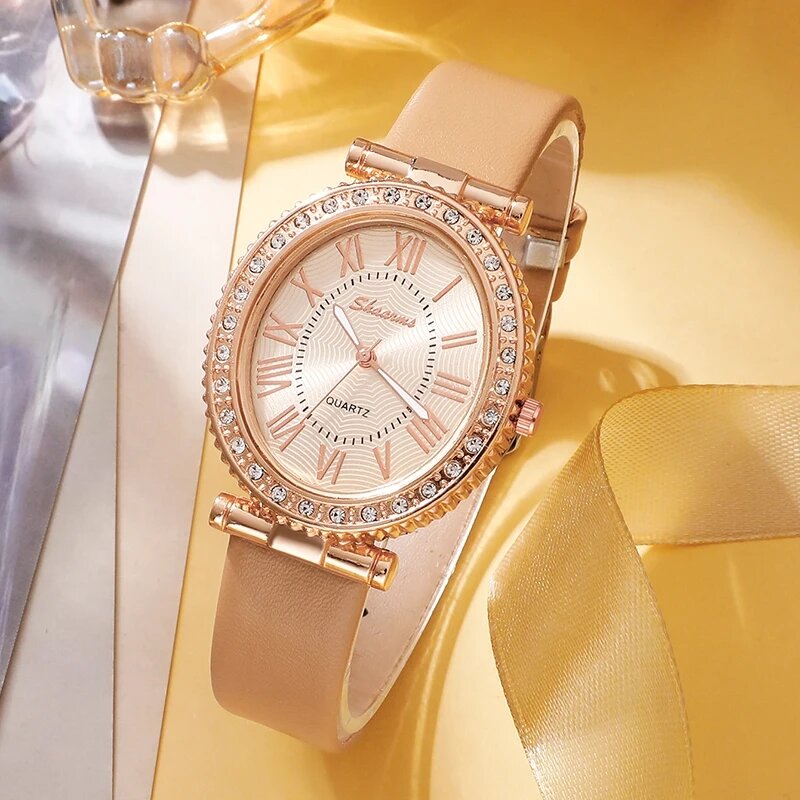 여성용 패션 쿼츠 시계, 럭셔리 가죽 밴드, 아날로그 손목시계, 여성용 원피스 팔찌 세트, Reloj Mujer 시계