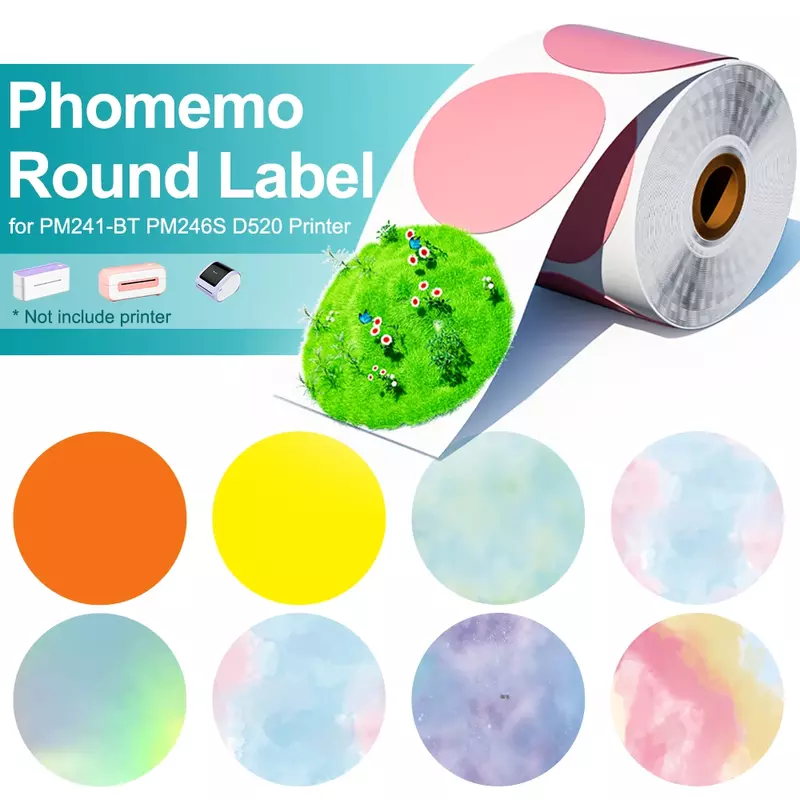 Phomemo PM241 pencetak pengiriman Label stiker bulat kertas Label persegi warna pelangi untuk DIY Logo desain kecil bisnis
