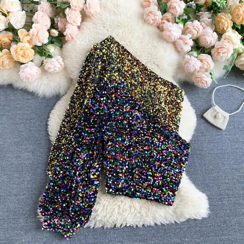 Sexy Slanted Collar Cropped Tops Strapless Single Puff Long Sleeve Blouse Slim Fit Short Shining Sequined Top Clubwear