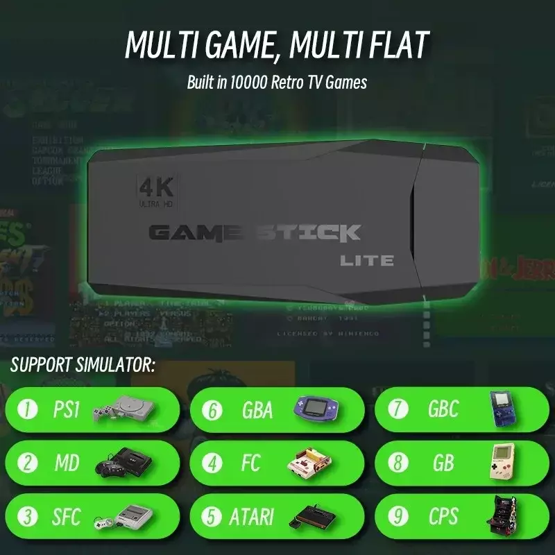 M8 tongkat Game 4K Linux OS TV Video Game konsol Built-in 10000 + Game 2.4G nirkabel ganda menangani 64GB Game 3D untuk PS1 SFC