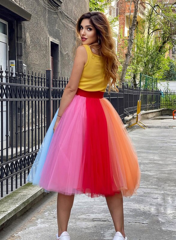 Frauen Regenbogen Tüll Rock Petticoat lange Tutu Prinzessin mehrfarbige Geburtstags feier Rock Jupon Faldas Quince anera Kleid 2023