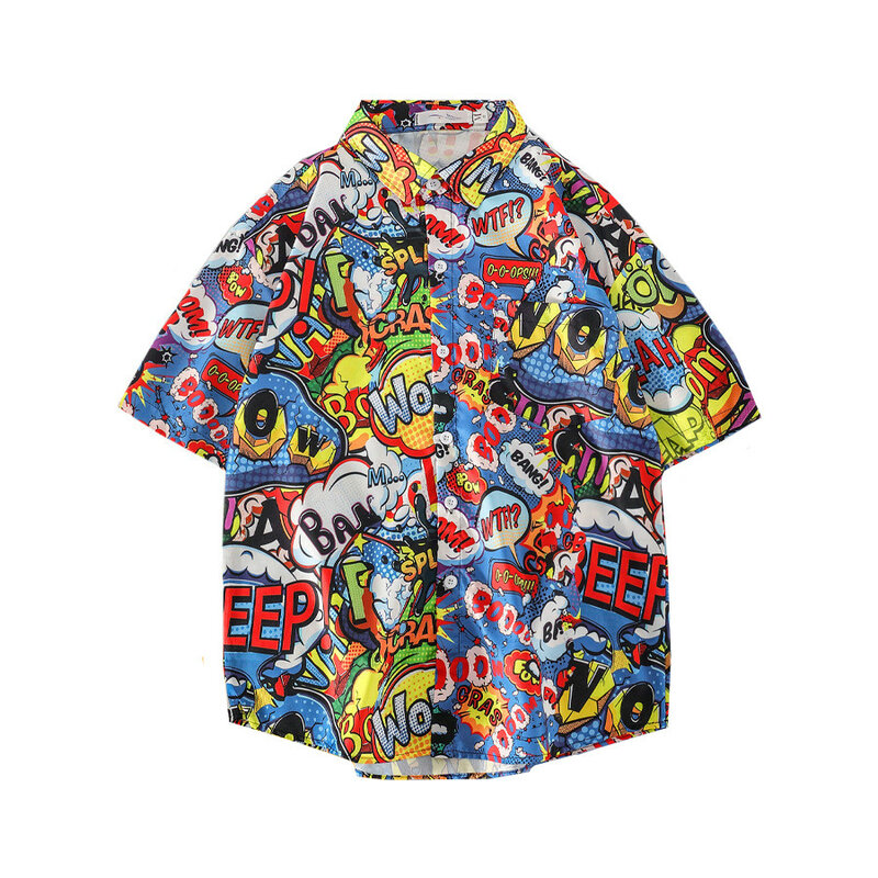 قميص رجالي بطباعة كرتونية بأزرار لأعلى ، قمصان شاطئ هاواي ، قميص فضفاض قصير الأكمام بزهور ، جديد ، صيف