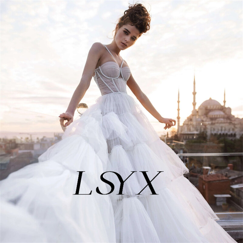 LSYX Sweetheart Sleeveless Spaghetti Straps Tulle Pleat Tiered Wedding Dress Zipper Back Court Train Bridal Gown Custom Made