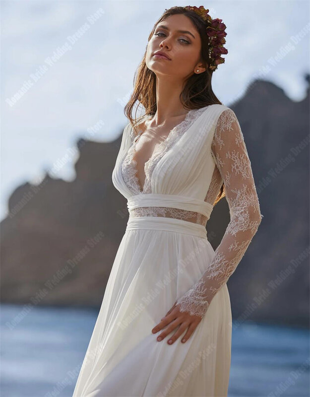 Sexy Deep V-Neck Wedding Dresses For Women Bright Satin Bridal Gown A line Mopping Length Long Sleeves Princess Vestido De Novia