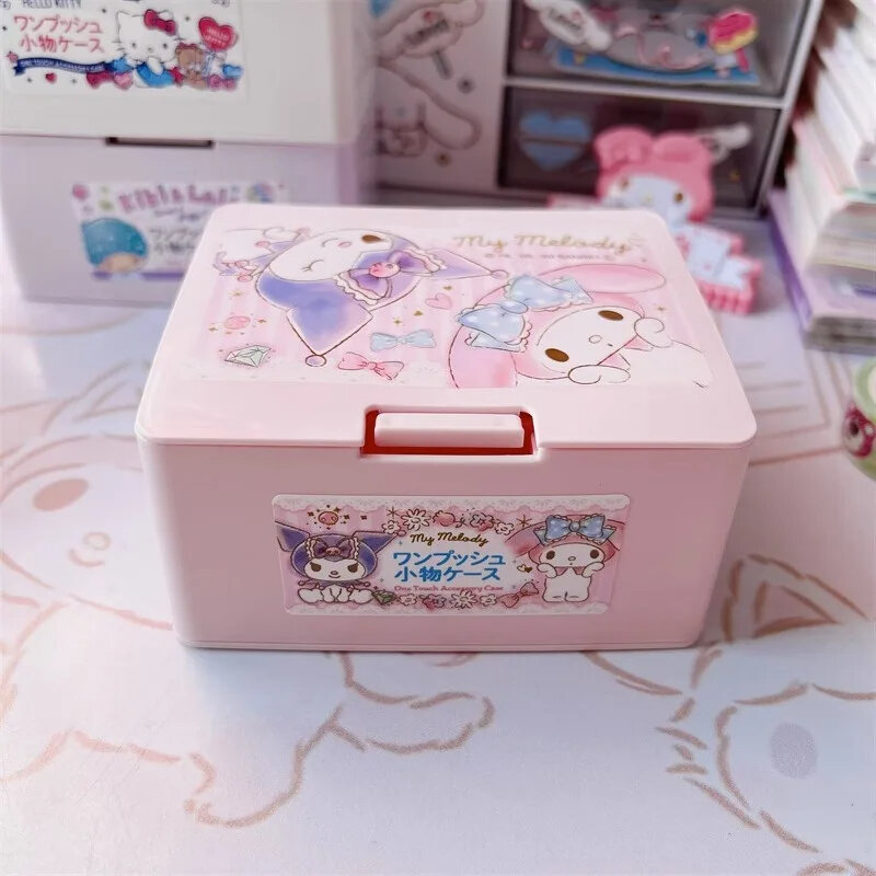 Hellokitty Sanrio Melody Kuromi One Push One Touch, tapa abierta, accesorio, estuche de cosméticos, hisopo de algodón, prensa, caja de maquillaje Pop