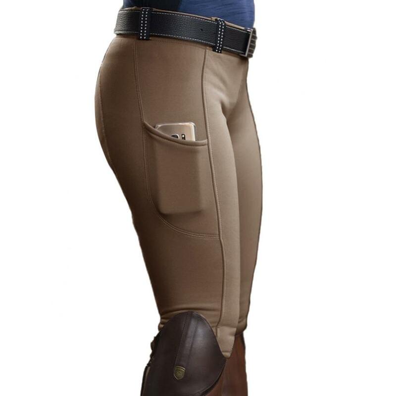 Celana panjang berkuda wanita, celana panjang olahraga warna Solid pinggang tinggi bersaku pengangkat pinggul elastis celana olahraga penunggang kuda