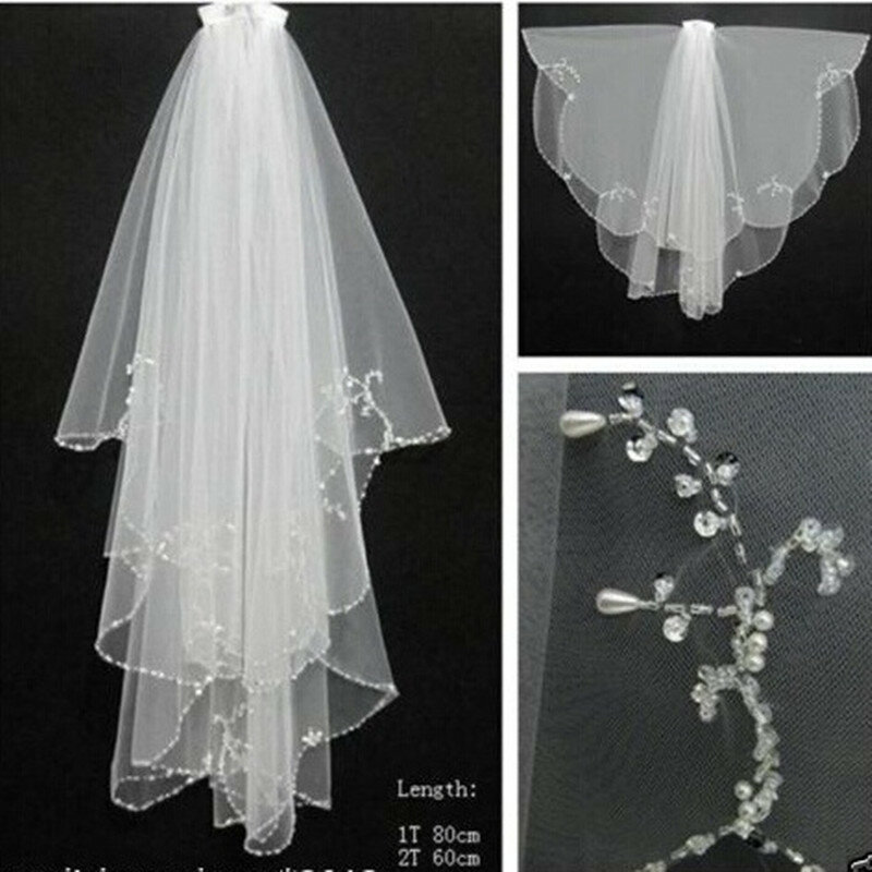 Beaded Crystals Soft 2 Tier Wedding Veil for Bride Fingertip Length with Comb Wedding Accessories