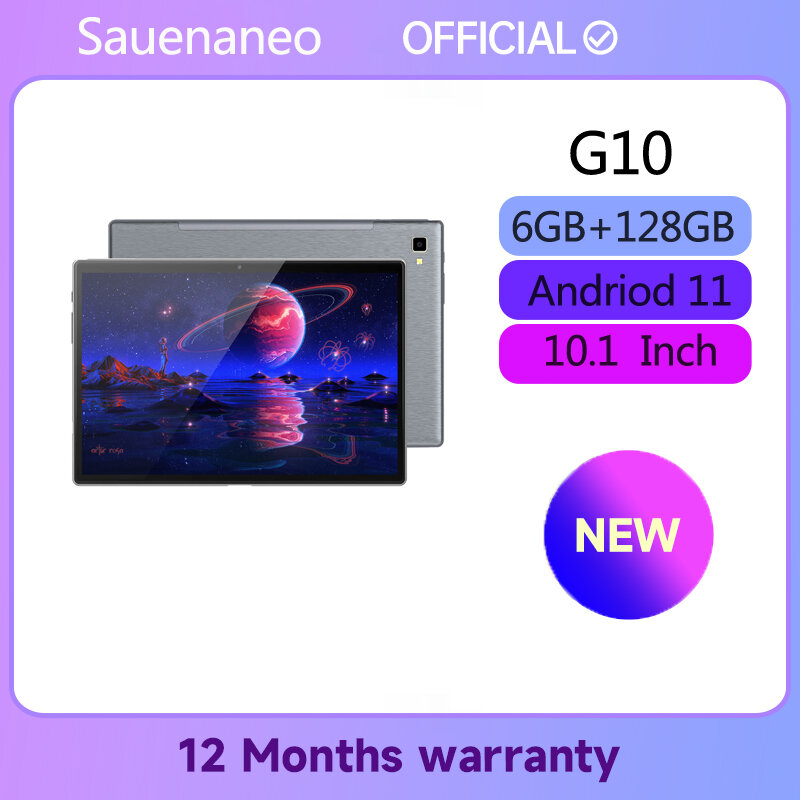 Sauenaneo Tablet Android 11 10.1 inci, RAM 6GB, ROM 128GB, Octa Core, SIM ganda 4G tidak terkunci dengan GPS WiFi 2.4G/5G