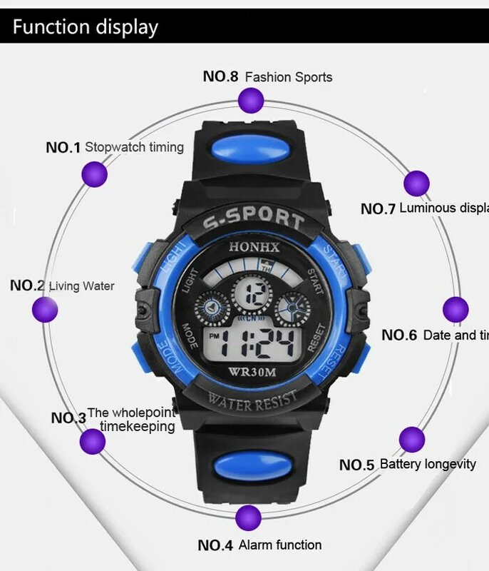 กันน้ำแฟชั่นนาฬิกาควอตซ์ LED ดิจิทัลสำหรับเด็กผู้ชาย, นาฬิกาข้อมือกีฬานาฬิกาข้อมือสีฟ้ากันน้ำสำหรับเด็ก