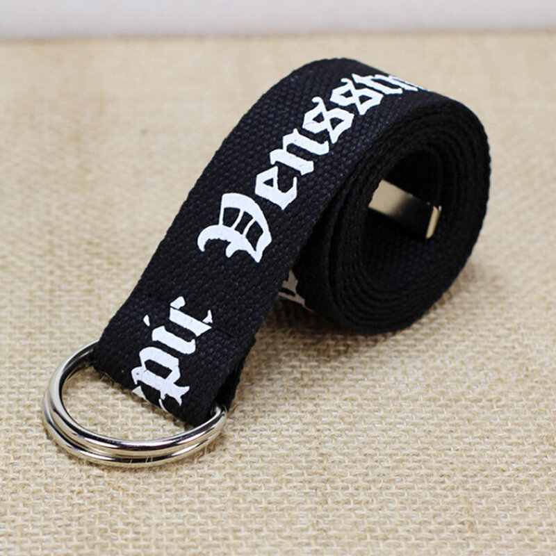 Cinturón de lona Unisex con letras impresas, anillo en D, doble hebilla, Punk, correa de cintura, cadenas largas y anchas, cinturón decorativo para mujeres, hombres y adolescentes