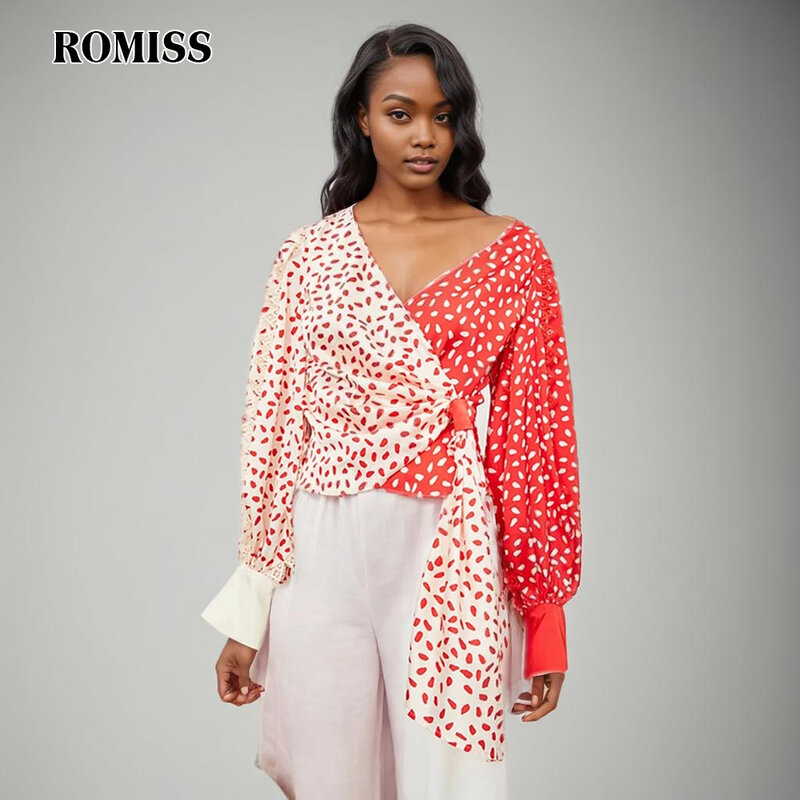 ROMISS Temperament Colorblock Printing Shirt For Women V Neck Lantern Sleeve Patchwork Lace Up Loose Blouses Female New