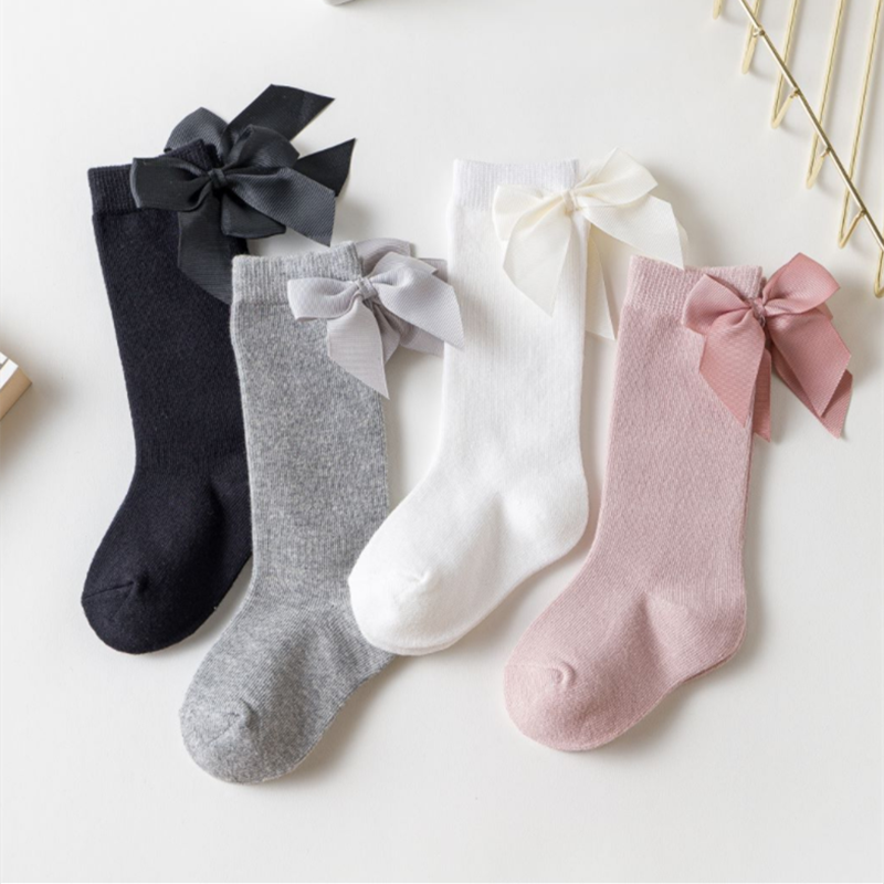 Calcetines 2022 de algodón con lazo grande hasta la rodilla para niñas pequeñas, calcetín largo y suave con lazo, 0 a 5 años, 100%