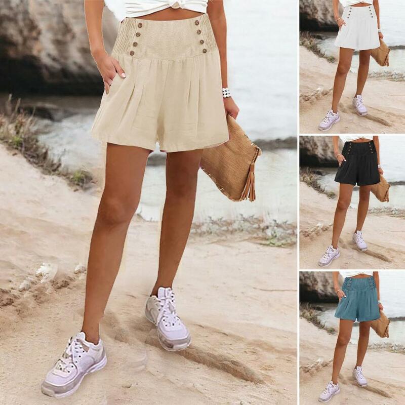 Women Casual Shorts Stylish High Waist Women's Shorts with Pleated Button Detail A-line Cut Side Pockets for Casual Outings