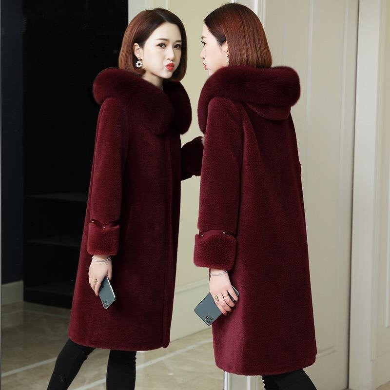 2023 Winter New Women Grain Cashmere Fur Coat Slim Large Size Long Parkas Thicken Warm Fashion Hooded Outwear Casual Mom Outfit