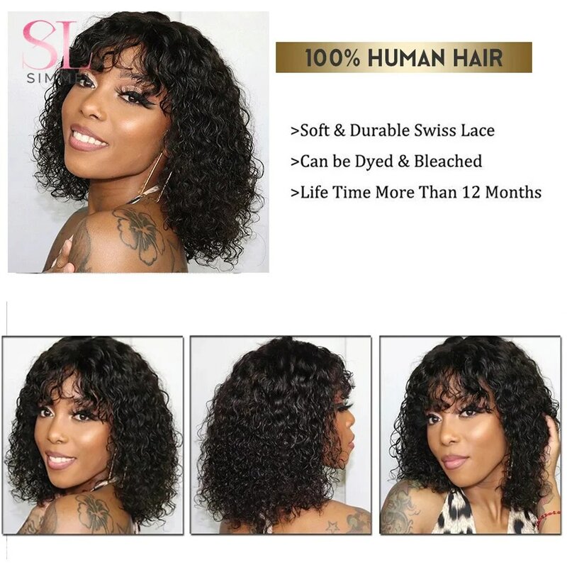 180% Short Afro Kinky Curly Human Hair Wigs Ombre Brown Human Hair Wig With Bangs Colored Brazilian Curly Bob Wig For Women