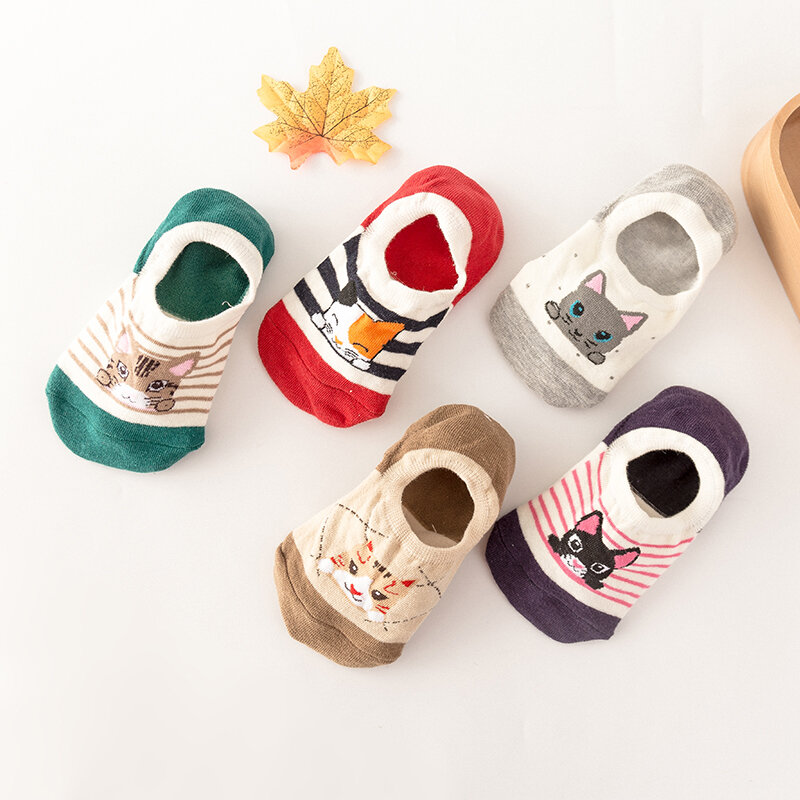 5 Pairs Women Cute Invisible Socks Spring Summer Comfortable Cartoon Cat Striped Happy Socks Harajuku Kawaii Casual Boat Socks