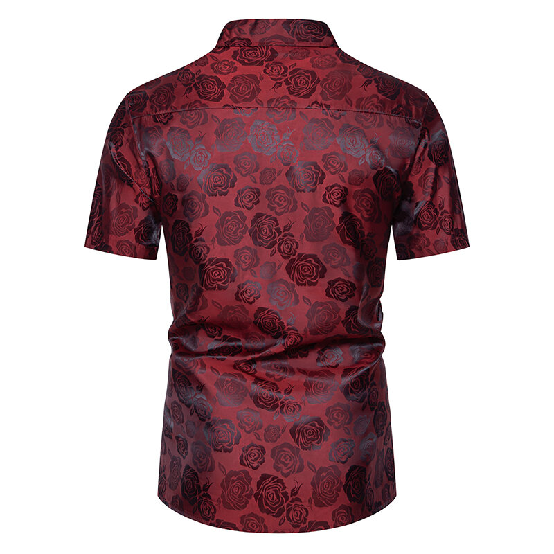 Summer Men's Rose Print Shirt Casual Short Sleeve Single Breasted Shirts