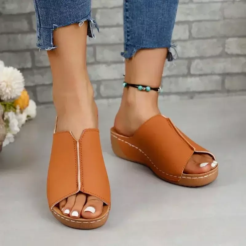 รองเท้าแตะสำหรับผู้หญิงรองเท้าผู้หญิงเปิดนิ้วเท้า, รองเท้าแตะพื้นไม้แฟชั่นฤดูร้อน2024รองเท้าหัวเข็มขัดสวมใส่สบาย
