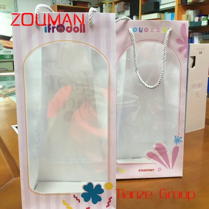 Niestandardowy nowy torebka z papieru pakowego z przezroczyste okienko kwiatową zabawką lalkę opakowania na zakupy różowy papier torby ze swoimi własne logo