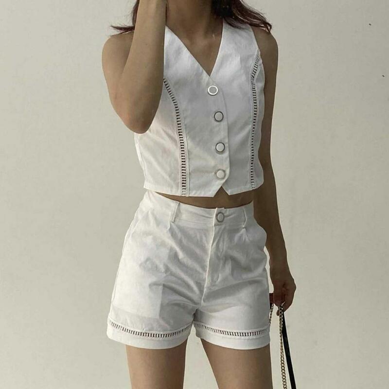 2 Pcs/Set Women Vest Shorts Set Single-breasted Hollow Out Sleeveless Top High Waist Button Zipper Closure Pants Set