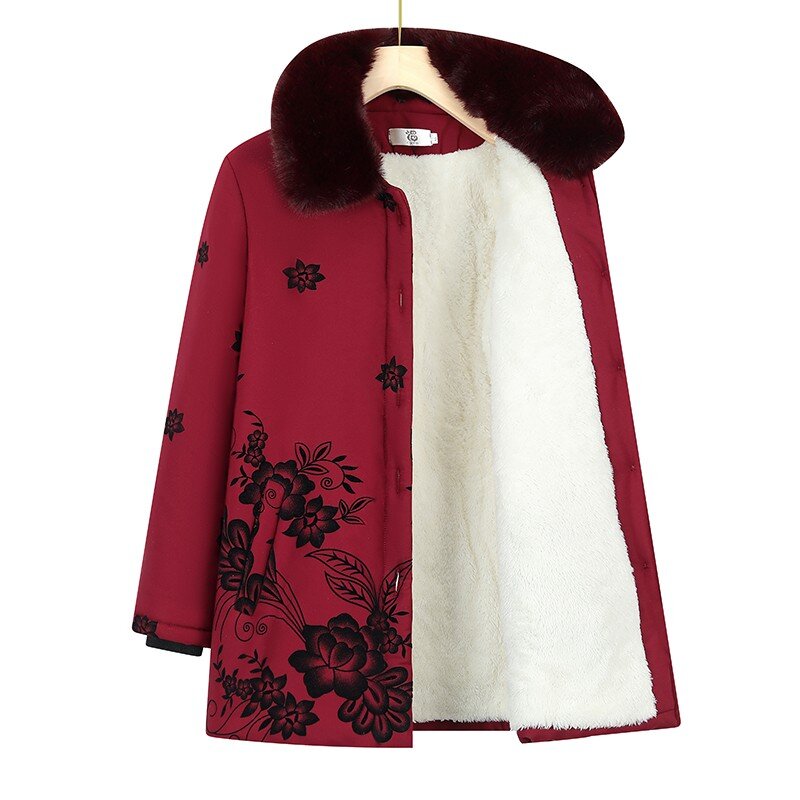 어머니 면 재킷, 겨울 중년 노인 여성, 플로킹 꽃 벨벳 코트, 두꺼운 파카