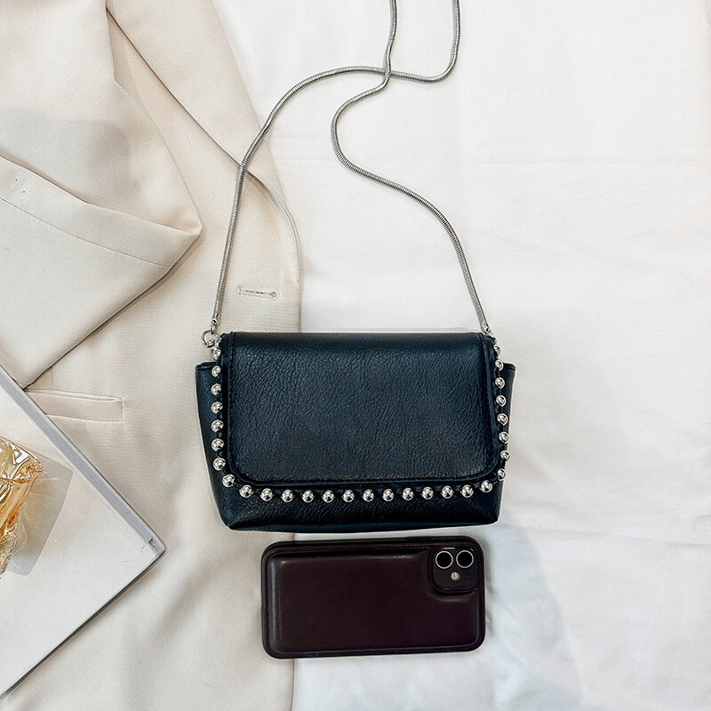 Fashion Rivet Crossbody Bags for Women Luxury Beading Shoulder Bag Black PU Leather Handbags Chains Flap Lipstick Phone Purses