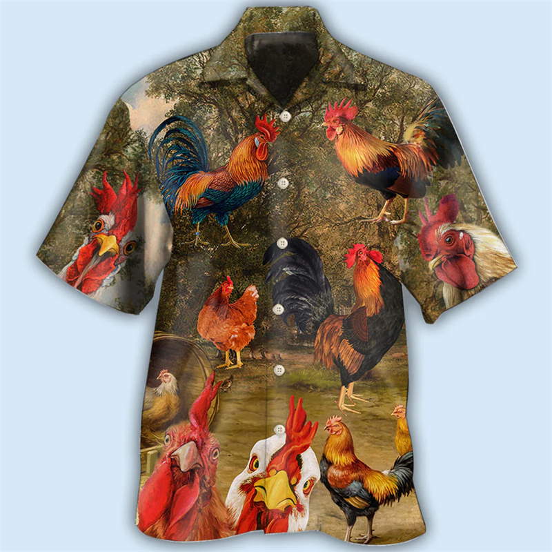 The New Loose Breathable 3D Print Trendy Cool Fashion Chicken Shirts Beach Hawaii Tops Short Sleeves Summer Men's Shirts Men Top