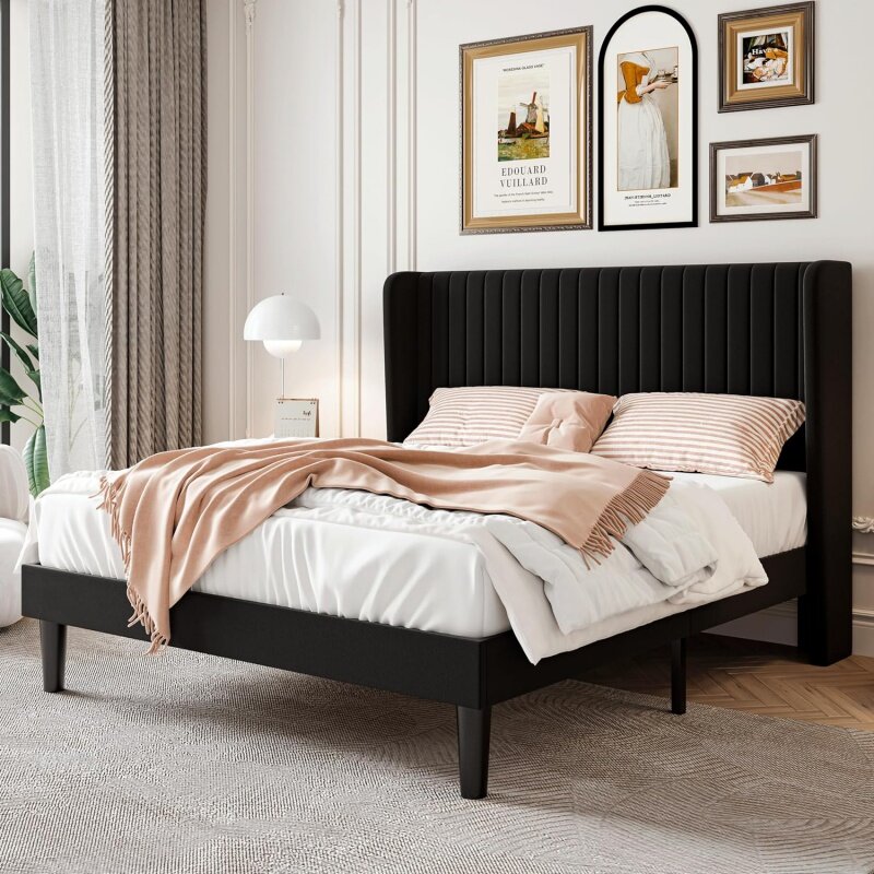 إطار سرير مخملي SHA CERLIN مع قناة عمودية ، لوح أمامي معدود من الخلف ، منصة منجدة ، سرير مع شرائح خشبية ، حجم كوين