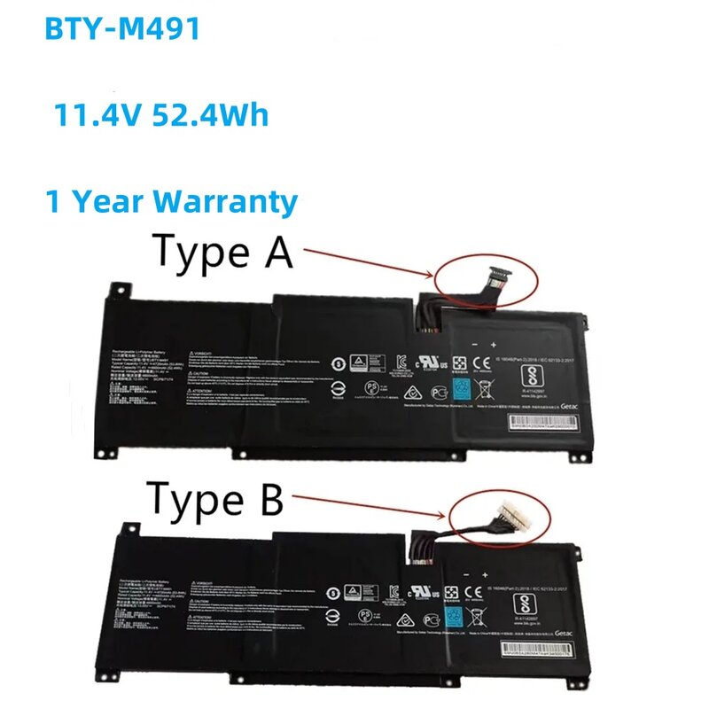 Baterai Laptop BTY-M491 UNTUK MSI Modern 15 A10M-014,A10RAS-258 A10RB-041TW A10RD A11M A11SB-059 A4MW Prestige14 11.4V 52.4WH