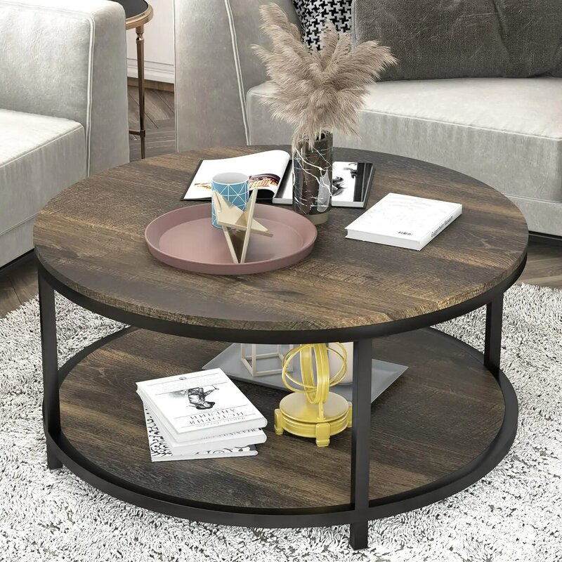Table basse ronde avec étagère de rangement, table de canapé industrielle, meubles de maison au design moderne, marron rustique, salon, 36 po