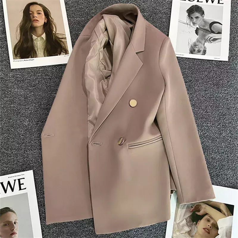 Blazer chique de seios duplos para mulheres, casaco solto, manga comprida, lapela vintage, jaquetas casuais finas, senhoras do escritório, outono e primavera