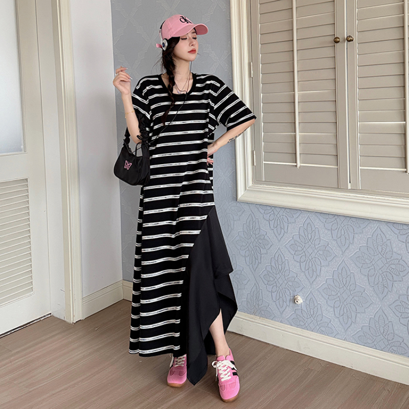 Abiti estivi per il 2024 New Loose Plus Size t-shirt Dress Casual Striped Patchwork abito femminile asimmetrico Lady Vestidos KE6311