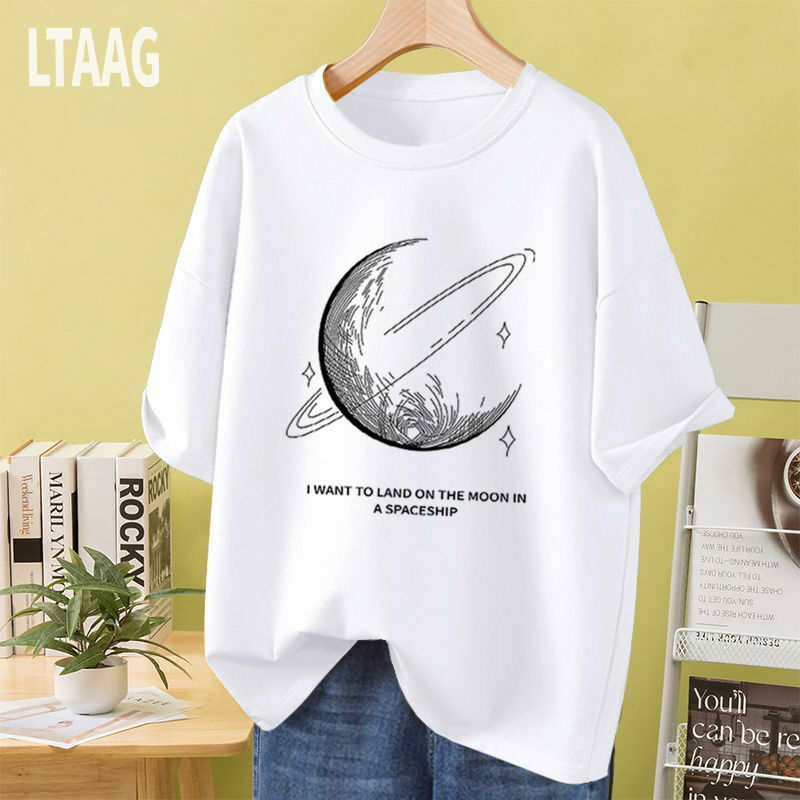 Women Printed T-shirt Summer Loose Casual Comfortable O-neck Top Tees Short Sleeve Pure Cotton Basics Pullover