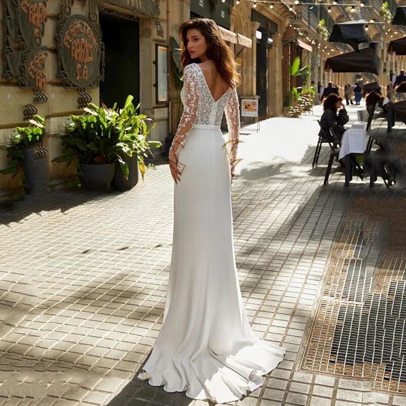 Gaun pernikahan putri duyung putih 2024 gaun pengantin pesta renda applique leher-v gaun pengantin Boho pantai safir disesuaikan untuk mengukur