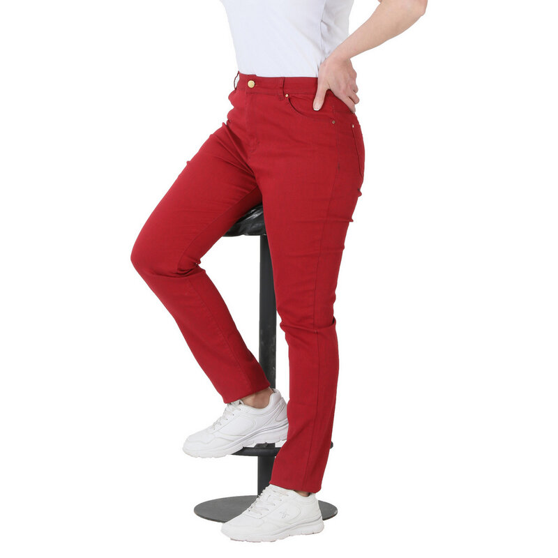 Fierte-pantalones de lona de cintura alta para mujer, pantalón ajustado con cierre de cremallera, botones, 5 bolsillos, elástico, de algodón, para primavera y verano, Rg1239P