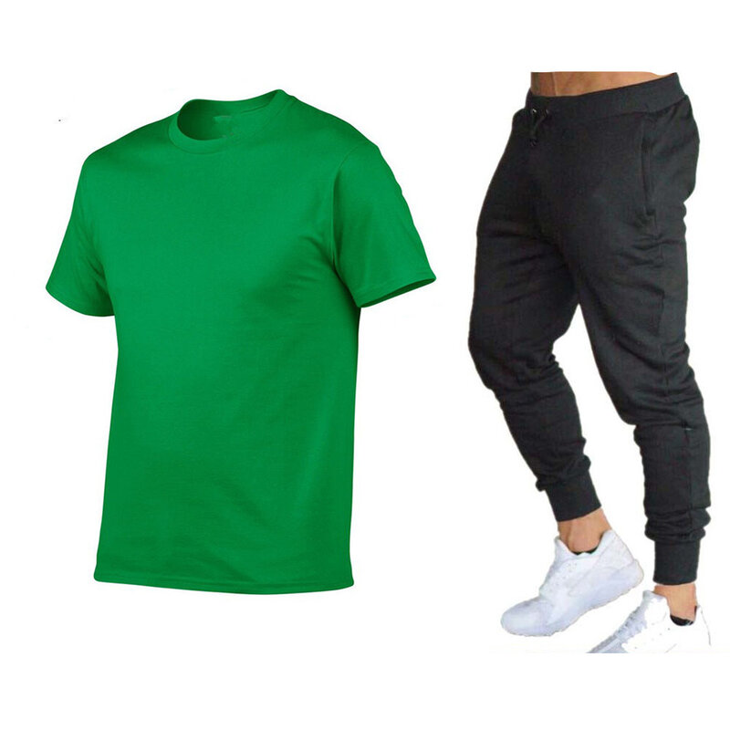 Camiseta masculina de manga curta gola redonda, conjunto de moda esportiva, cor sólida, venda direta, alta qualidade, verão