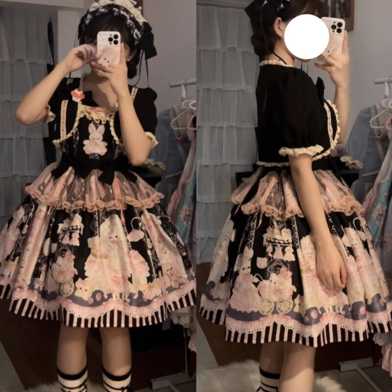Kawaii Rabbit Bear Wardrobe Lolita Dress Women Cute Lace Mesh Ruffles Bunny Print Princess Dresses Girls Sweet Tea Party Dress