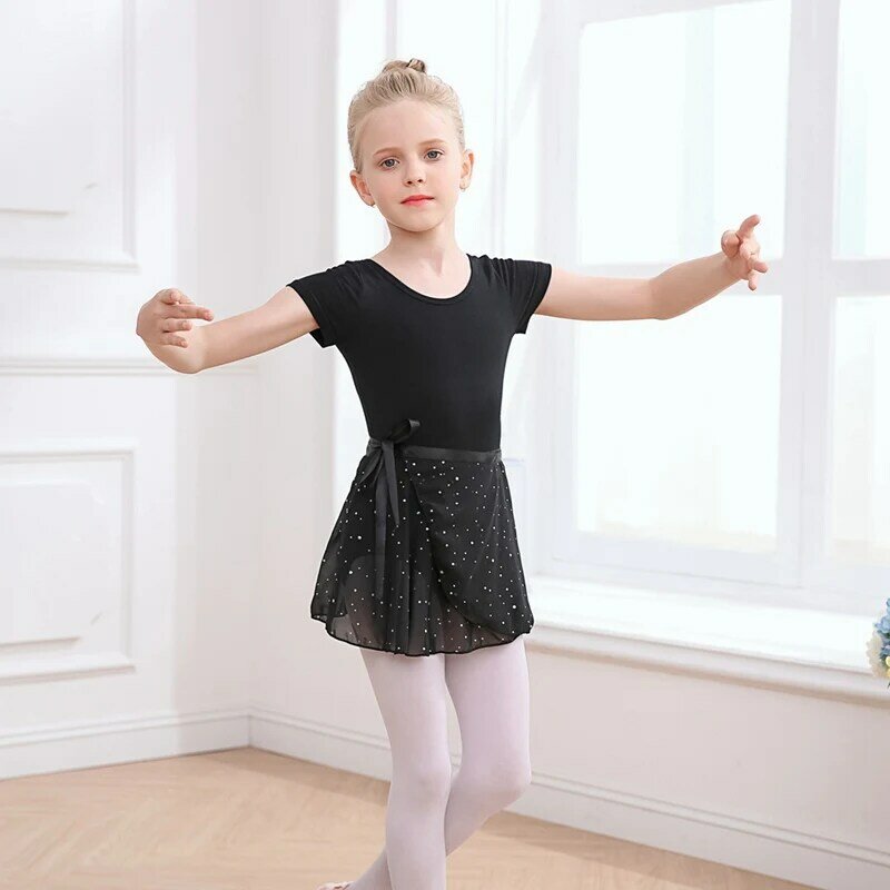 Collant de ginástica infantil, roupa dançante de manga curta com saia, vestido bailarina, roupa de dança para meninas